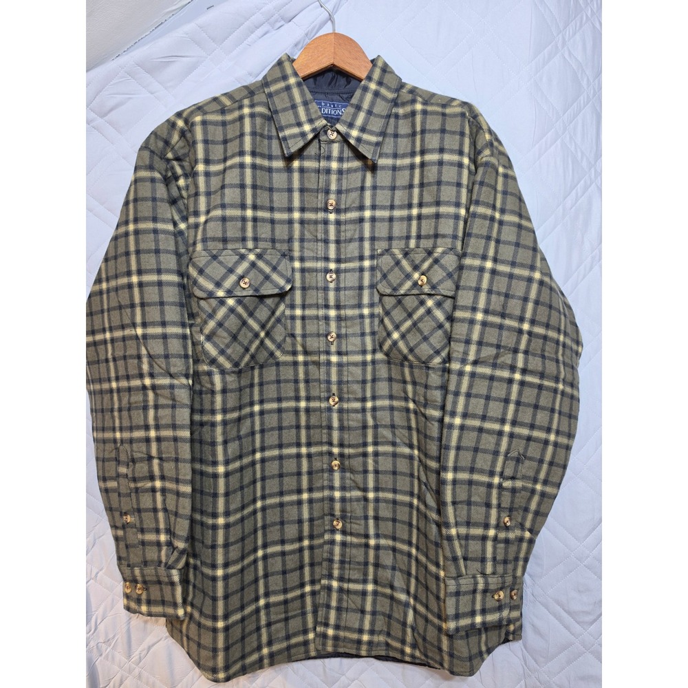 Basic Editions Mens Plaid Quilted Flannel Shirt Jacket Olive Green Black Medium